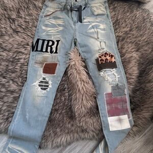Amiri Men  Blue Patchwork Distressed Skinny Denim Jeans - Size 38